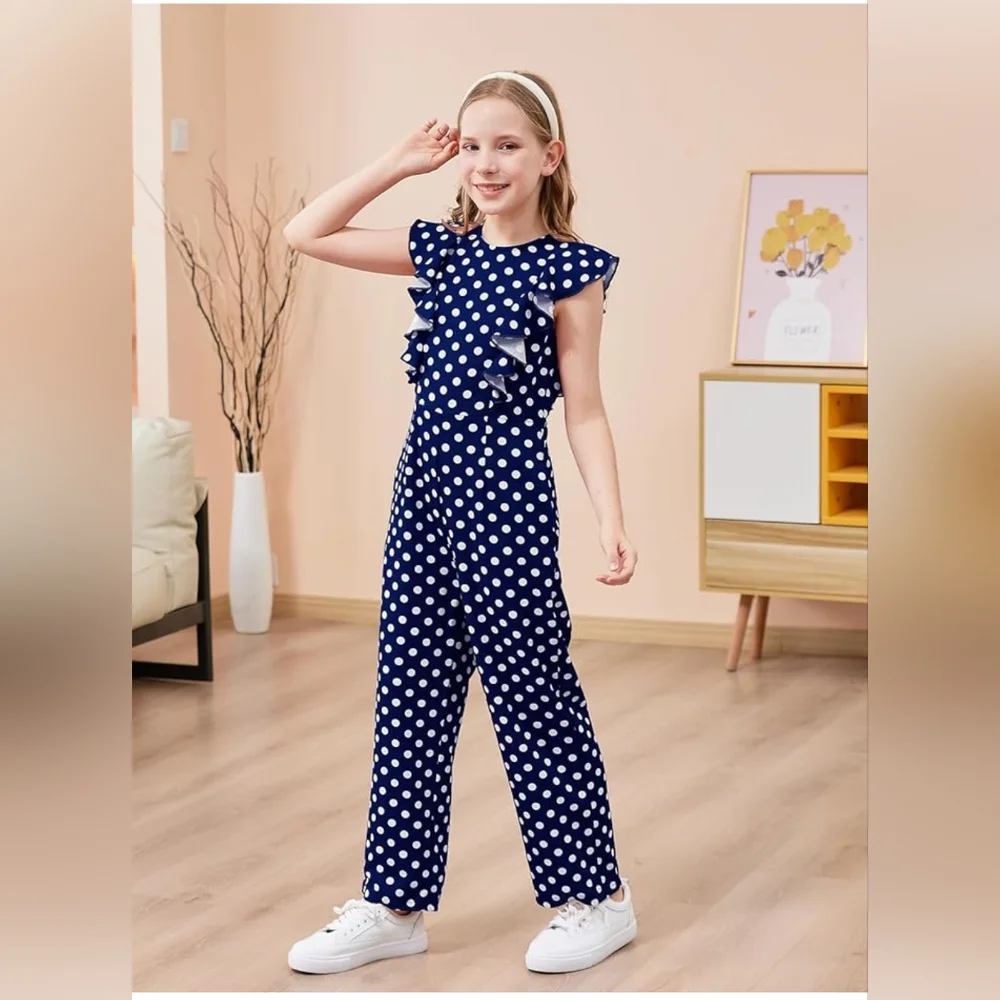 NWT Gorlya Jumpsuit Romper Navy blue with white polka dots Size Girls 8